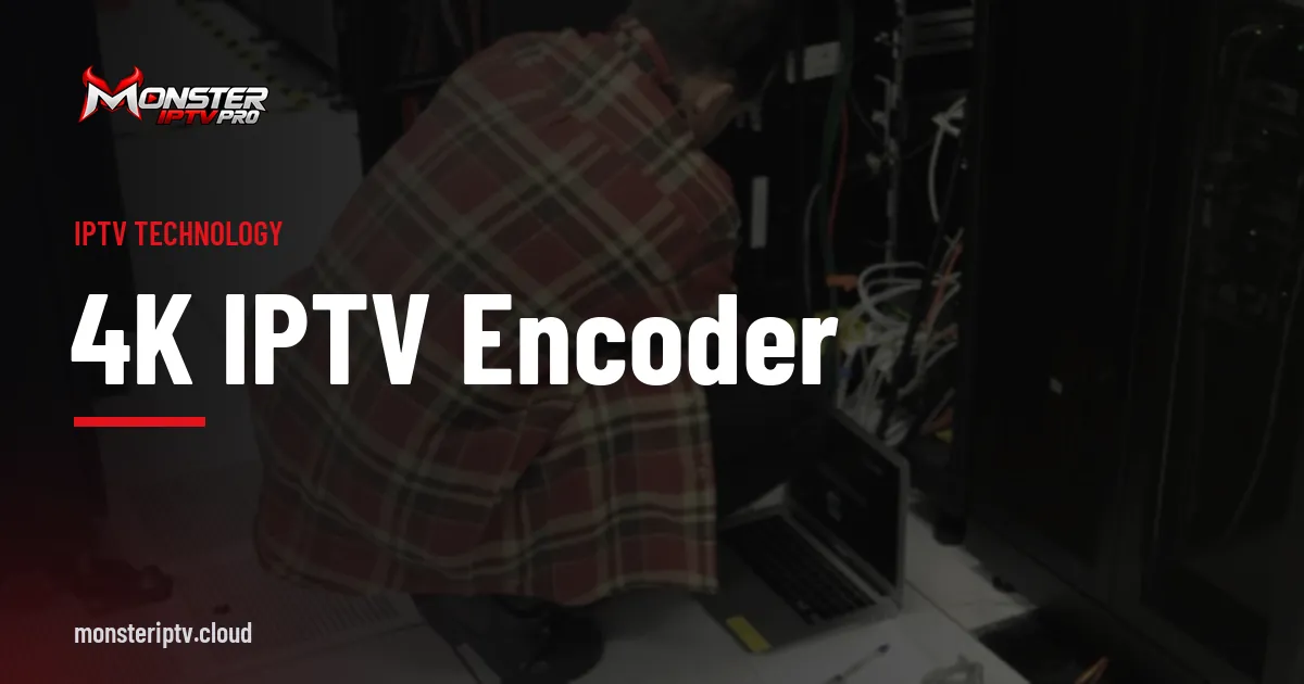 4K IPTV Encoder banner over a technician working at a data centre server rack