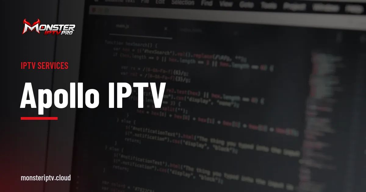 Apollo IPTV banner over a laptop screen with lines of code
