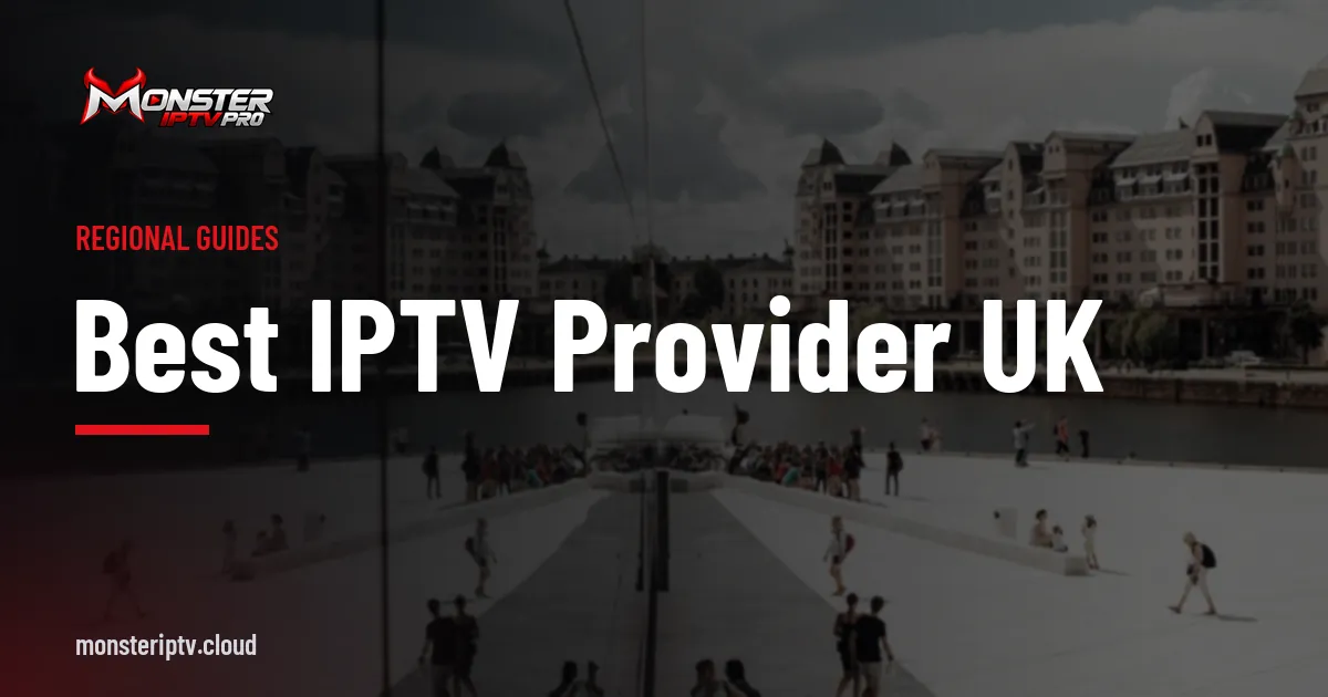 Best IPTV provider UK banner over a city skyline at dusk