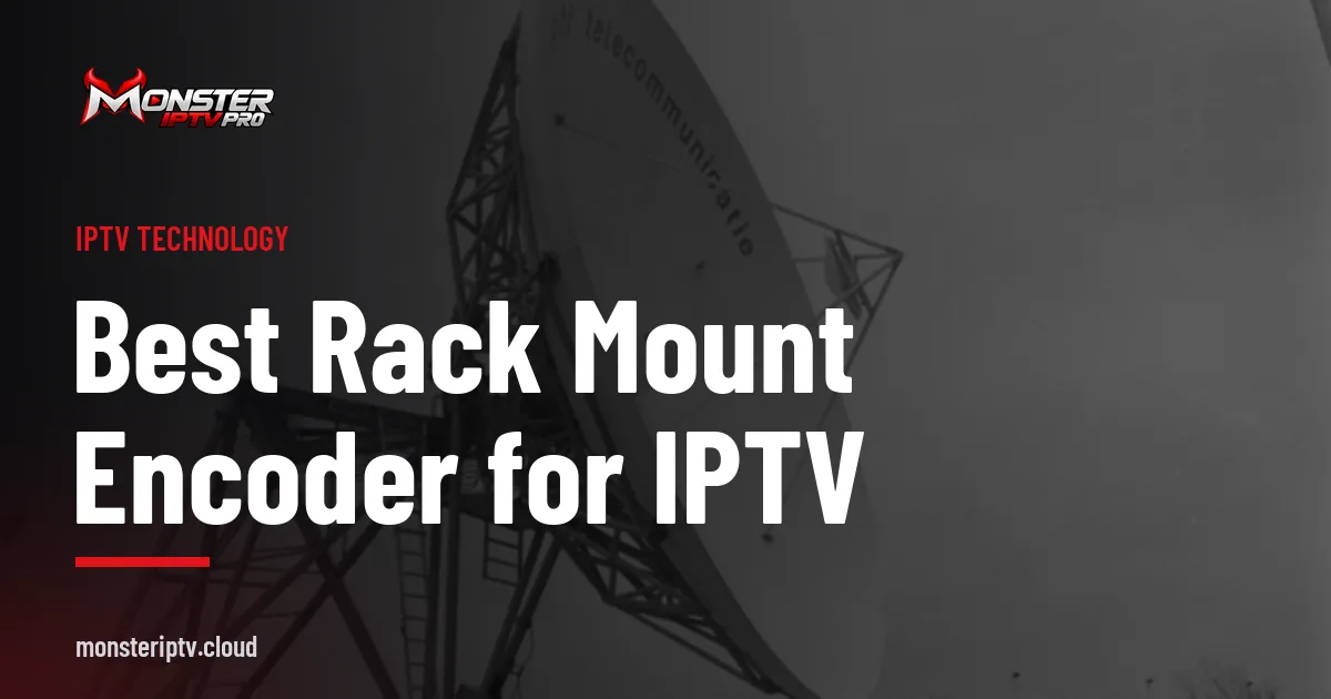 Best Rack Mount Encoder for IPTV banner over a large satellite dish at a teleport