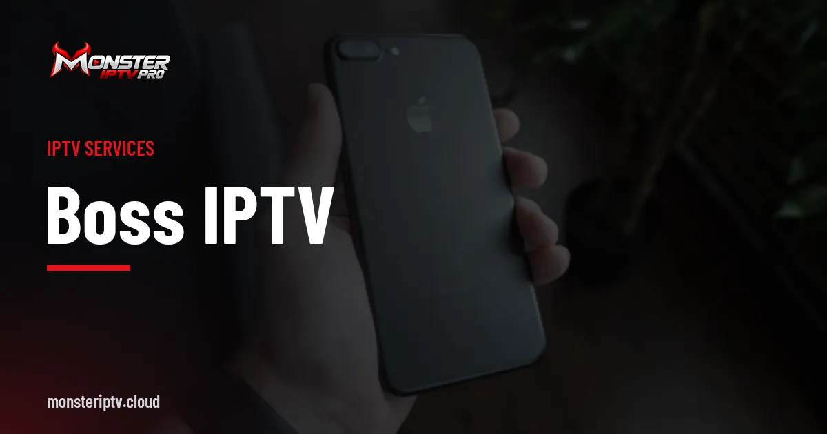 boss iptv banner over a black smartphone on a desk