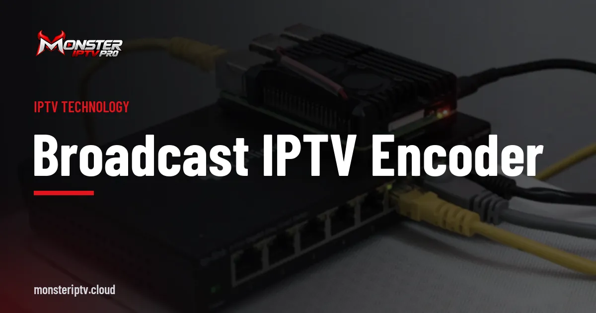 Broadcast IPTV encoder banner over a network switch with Ethernet cables