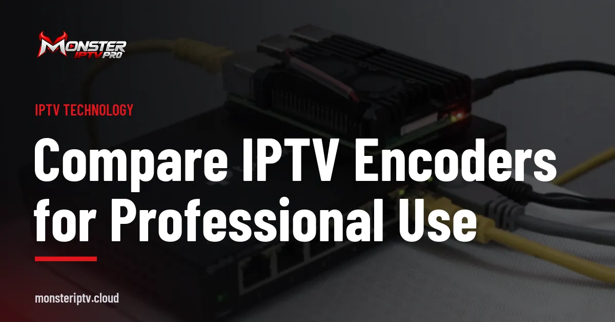 Compare IPTV Encoders for Professional Use banner over a network switch with yellow cables