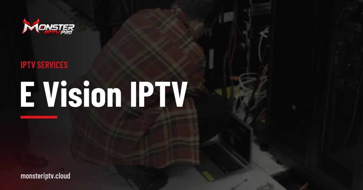 e vision iptv banner over a technician in a server room