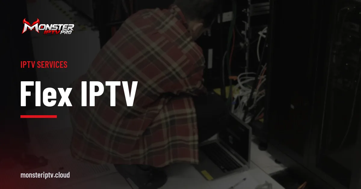 flex iptv banner over a technician working in a server room