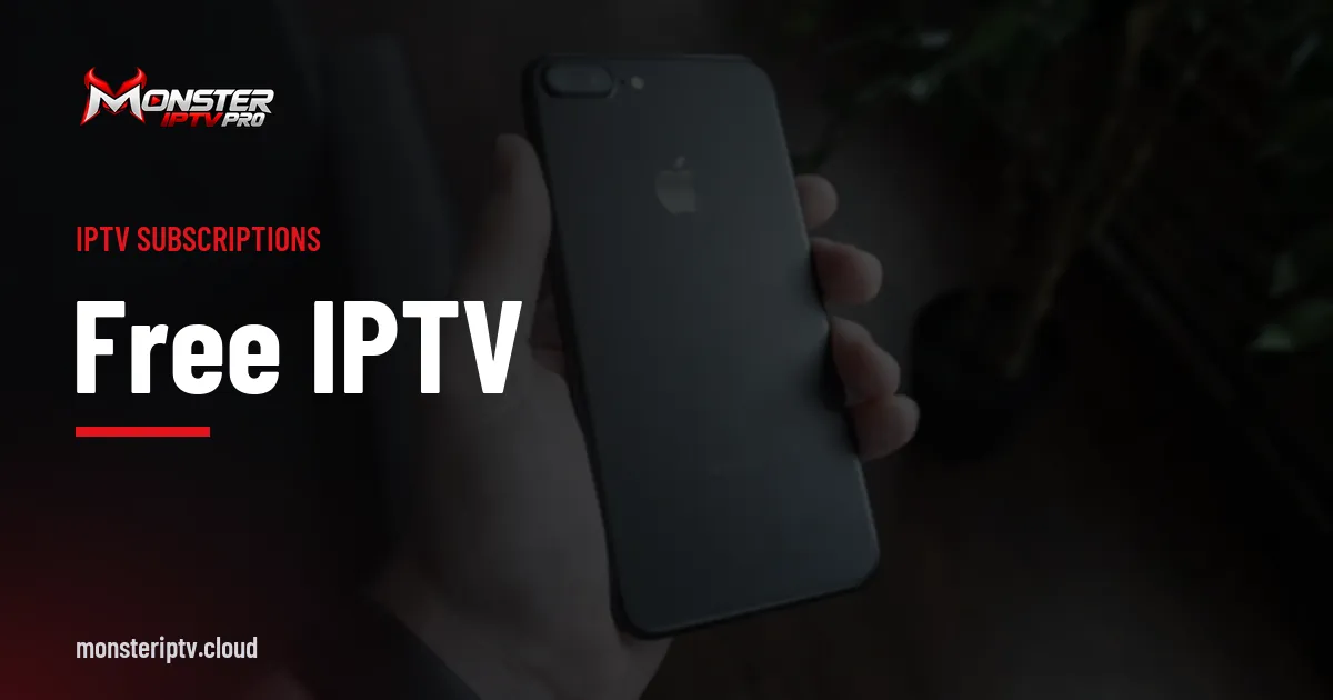 Free IPTV banner over a black smartphone held in a hand