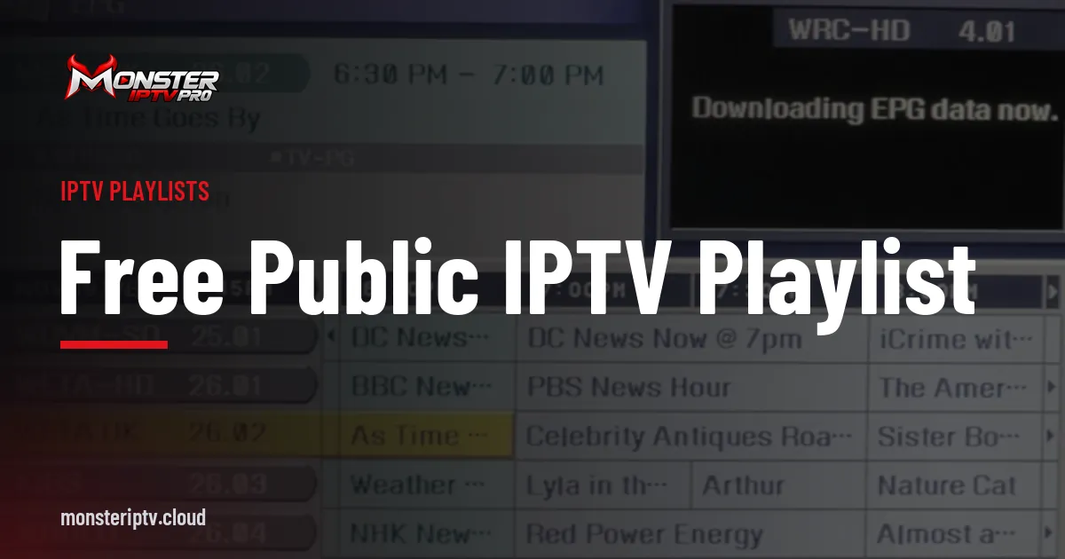 Free public IPTV playlist banner over an on-screen TV programme guide