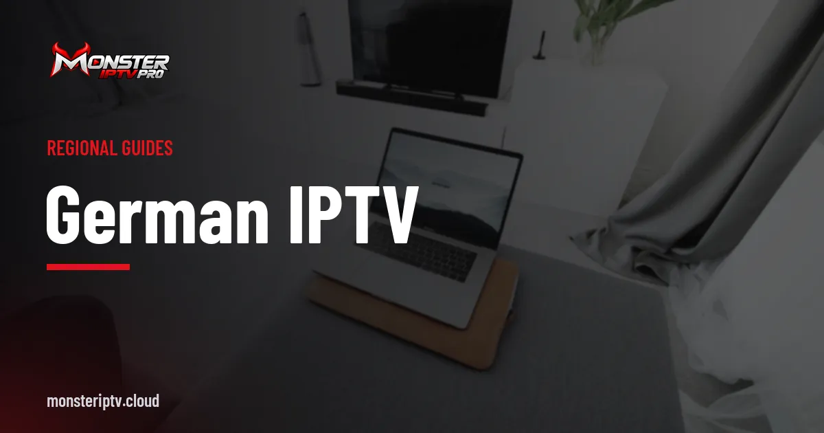 German IPTV banner over a living room with a television