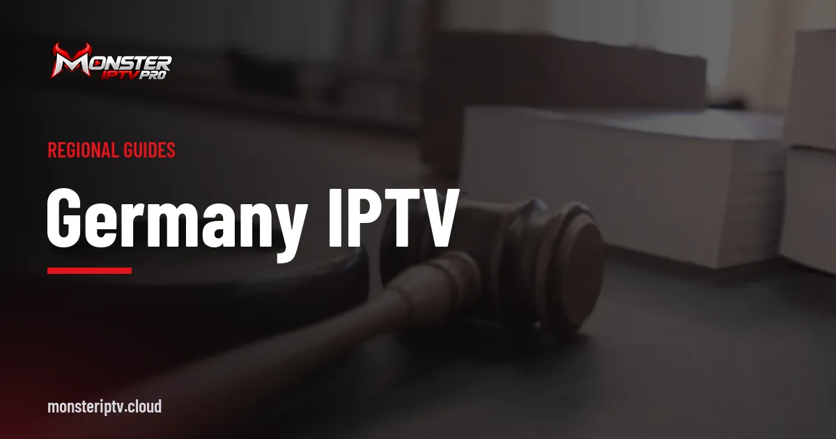 Germany IPTV banner over a judge's gavel on a desk