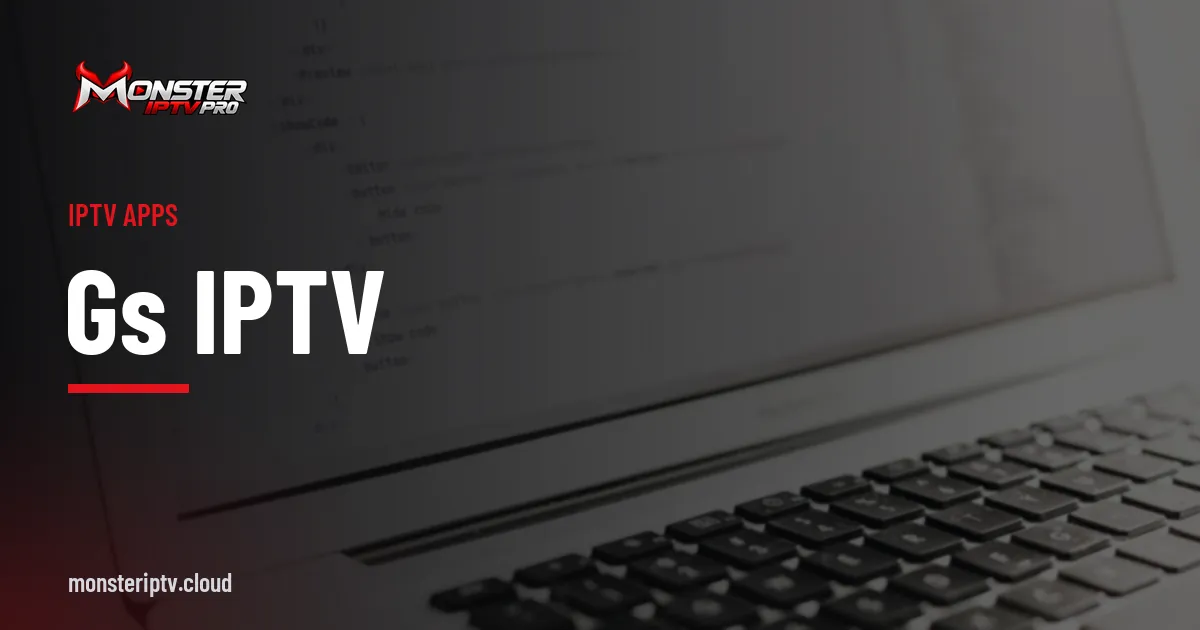 GS IPTV banner over a laptop showing code
