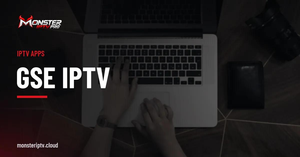 GSE IPTV banner over hands typing on a laptop keyboard