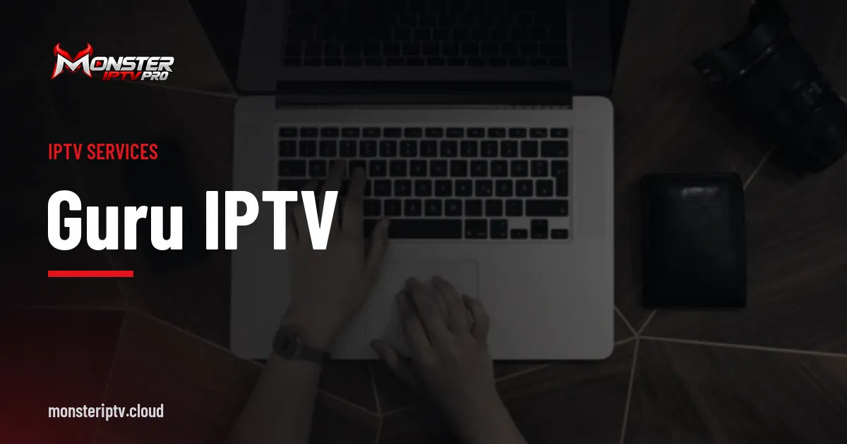 Guru IPTV banner over hands typing on a laptop keyboard