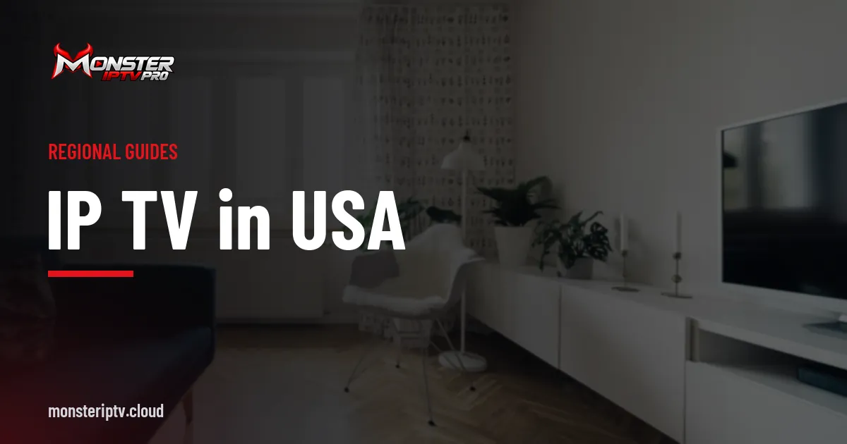 IP TV in USA banner over a bright living room with a television