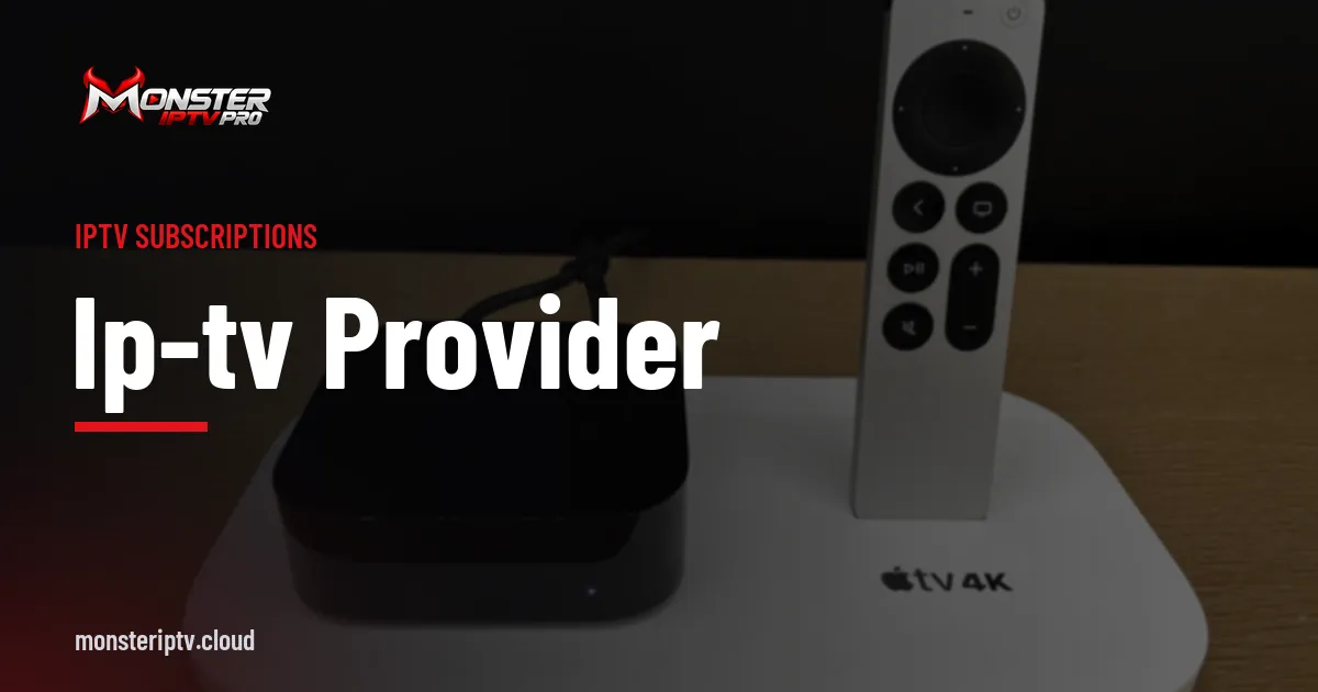 ip-tv provider banner over an Apple TV device and remote