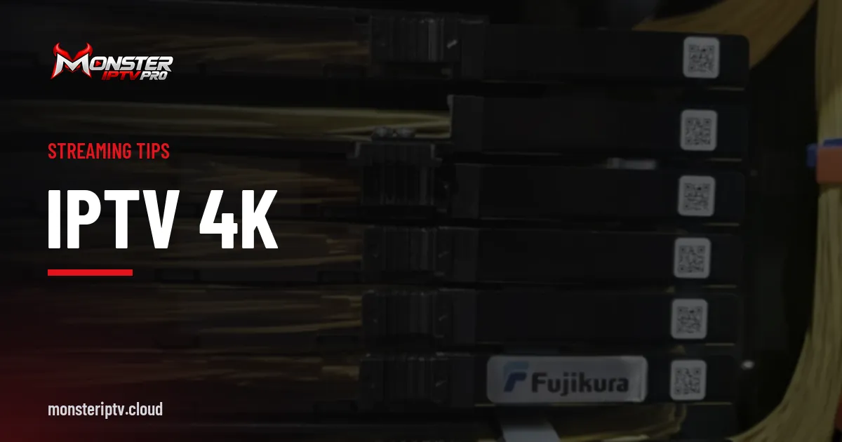 IPTV 4K banner over fibre optic network cables in a data centre