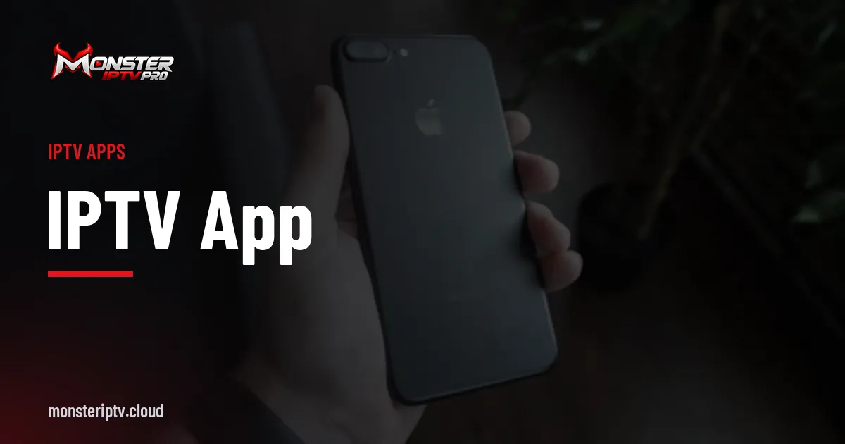 IPTV App banner over a black smartphone held in a hand