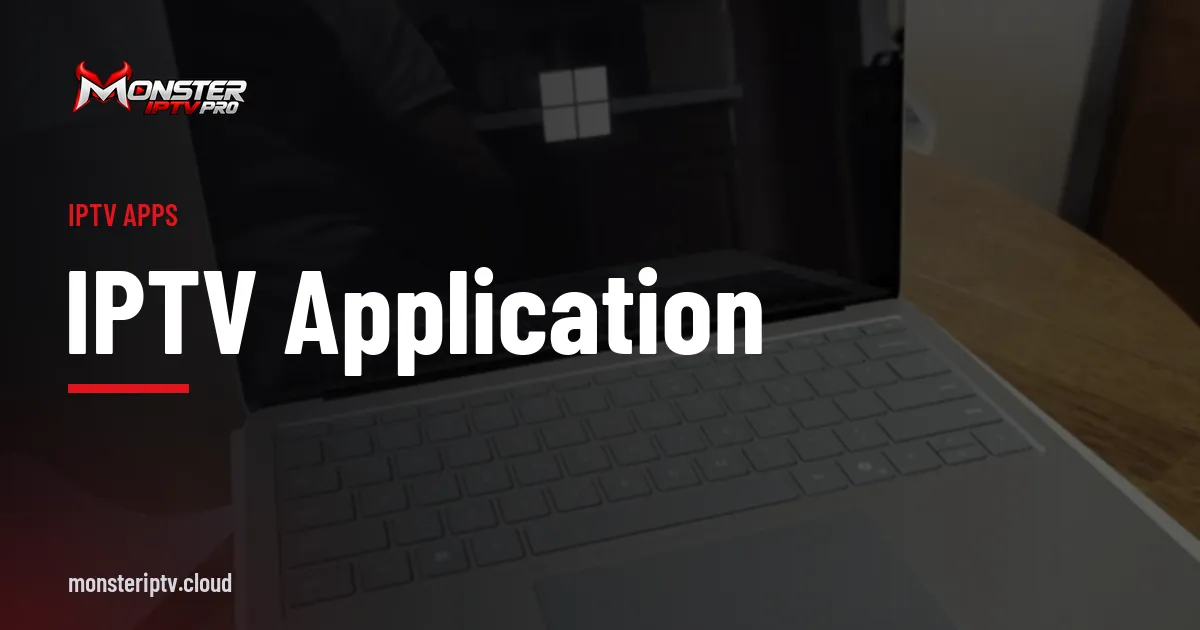 IPTV application banner over a Surface laptop on a desk