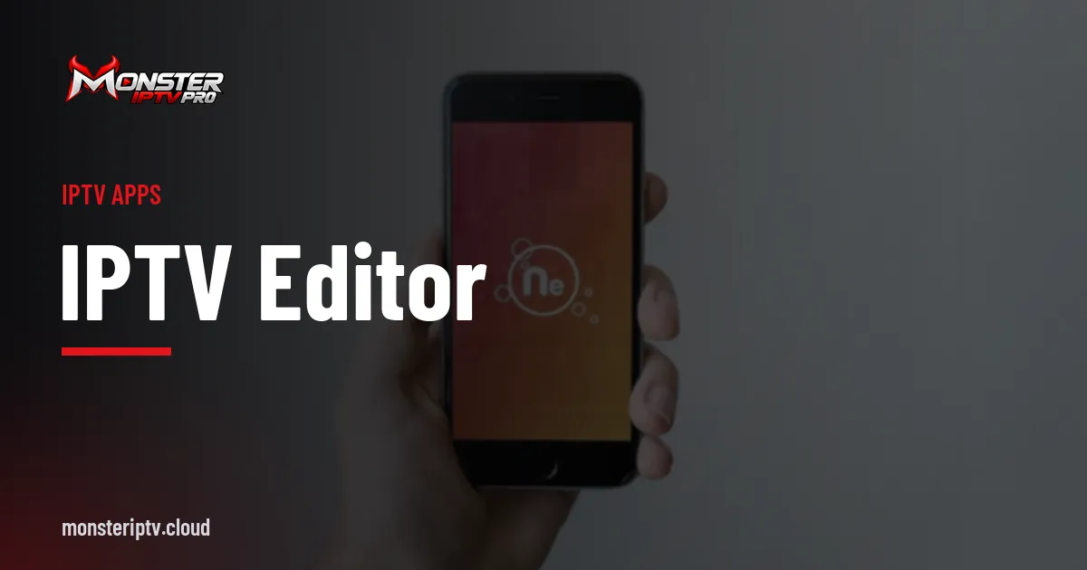 IPTV editor banner over a smartphone held in a hand