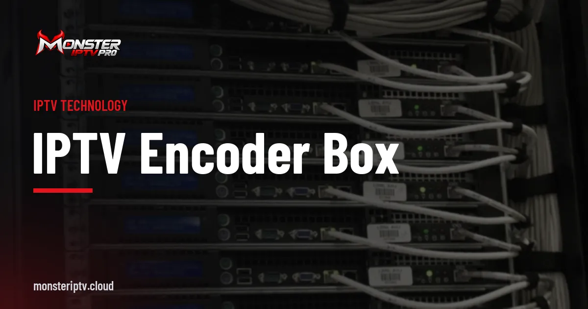 IPTV Encoder Box banner over the rear of a server rack with bundled cables