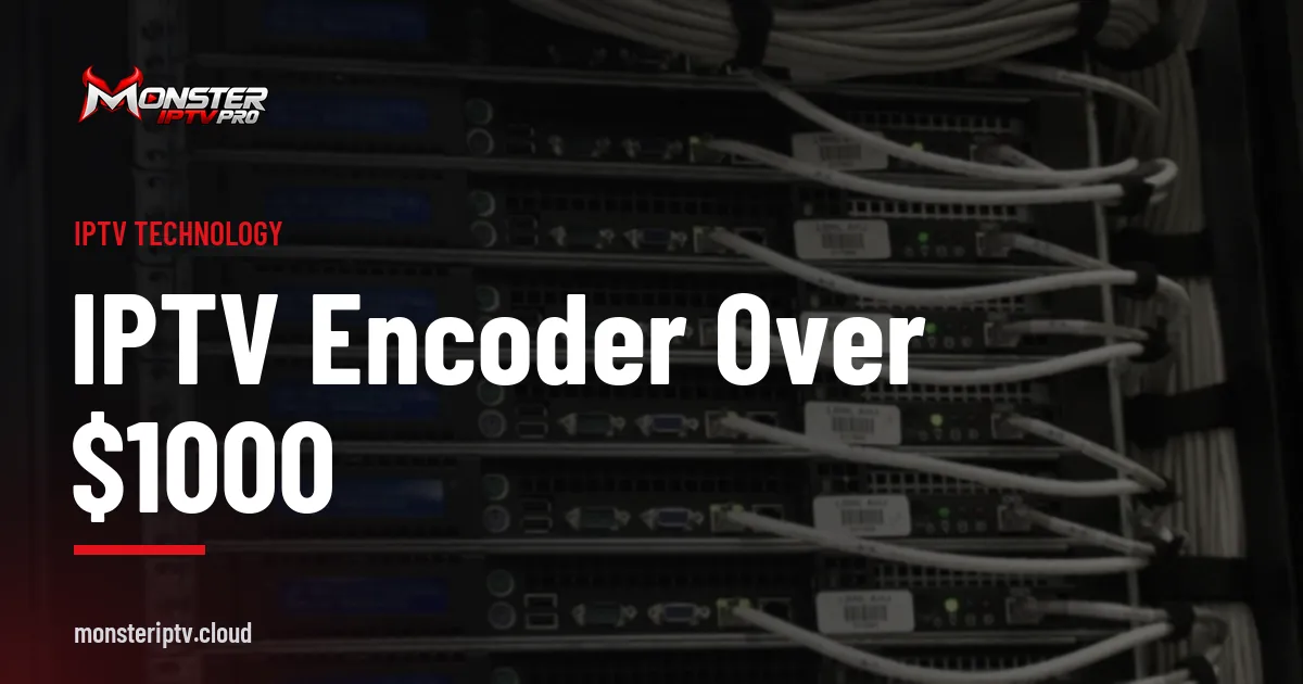 IPTV encoder over $1000 banner over a rack of servers in a data centre