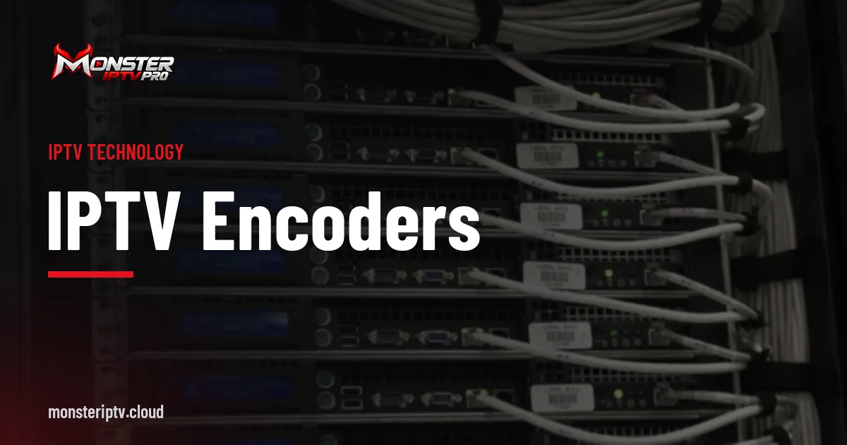IPTV Encoders banner over the rear of a data centre rack with bundled network cables