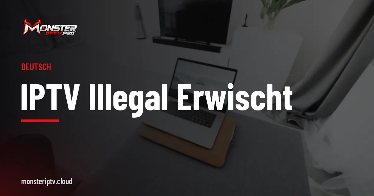 Banner mit dem Text IPTV illegal erwischt über einem Wohnzimmer mit Fernseher