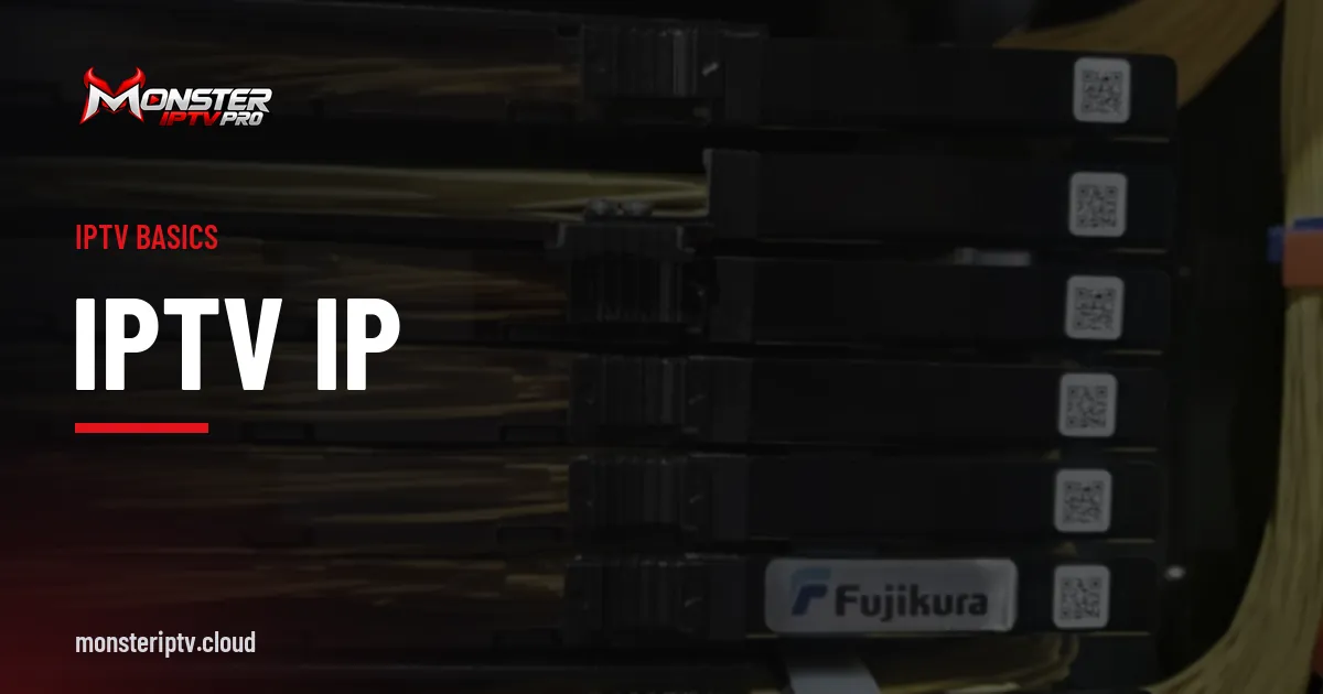 IPTV IP banner over fibre optic network cables in a data centre