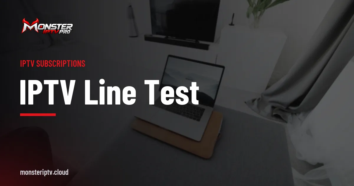 IPTV line test banner over a living room with a television