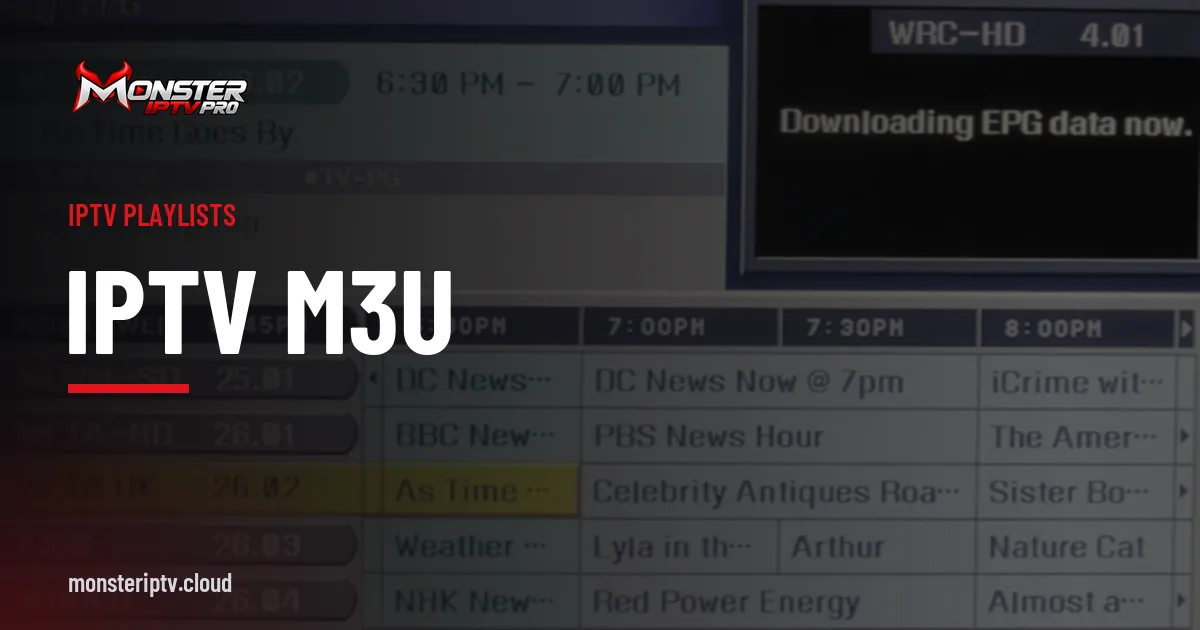 IPTV M3U banner over an on-screen TV programme guide