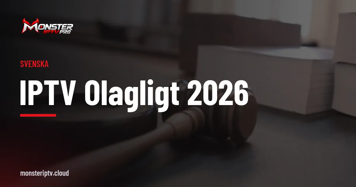 Banner med texten IPTV olagligt 2026 över en domarklubba