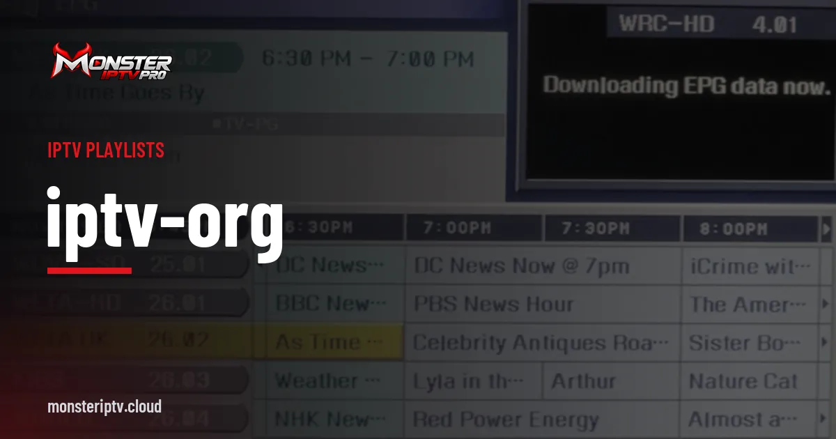 iptv-org banner over an electronic programme guide shown on a TV screen