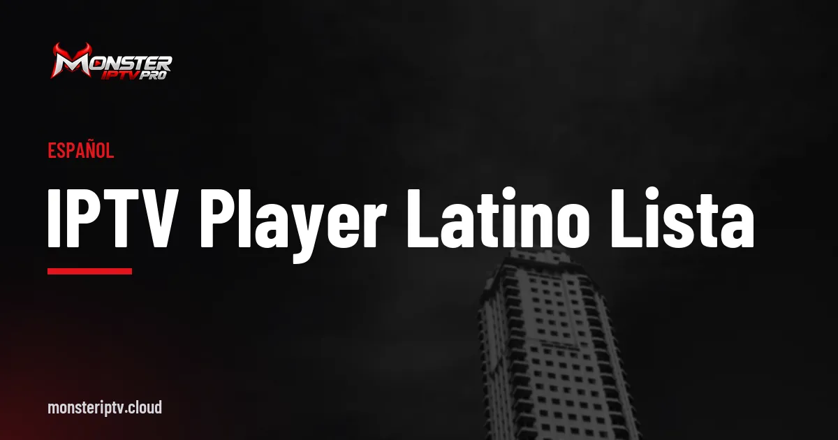 Banner con el texto IPTV player latino lista sobre una calle de Madrid