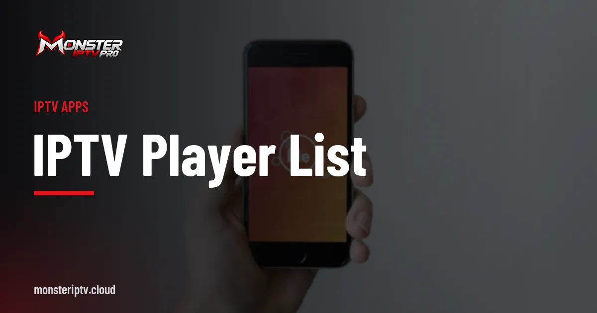 IPTV player list banner over a smartphone held in a hand