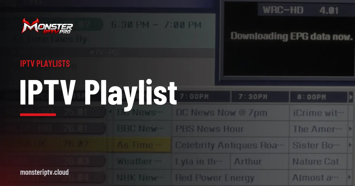 IPTV Playlist banner over an electronic programme guide shown on a TV screen