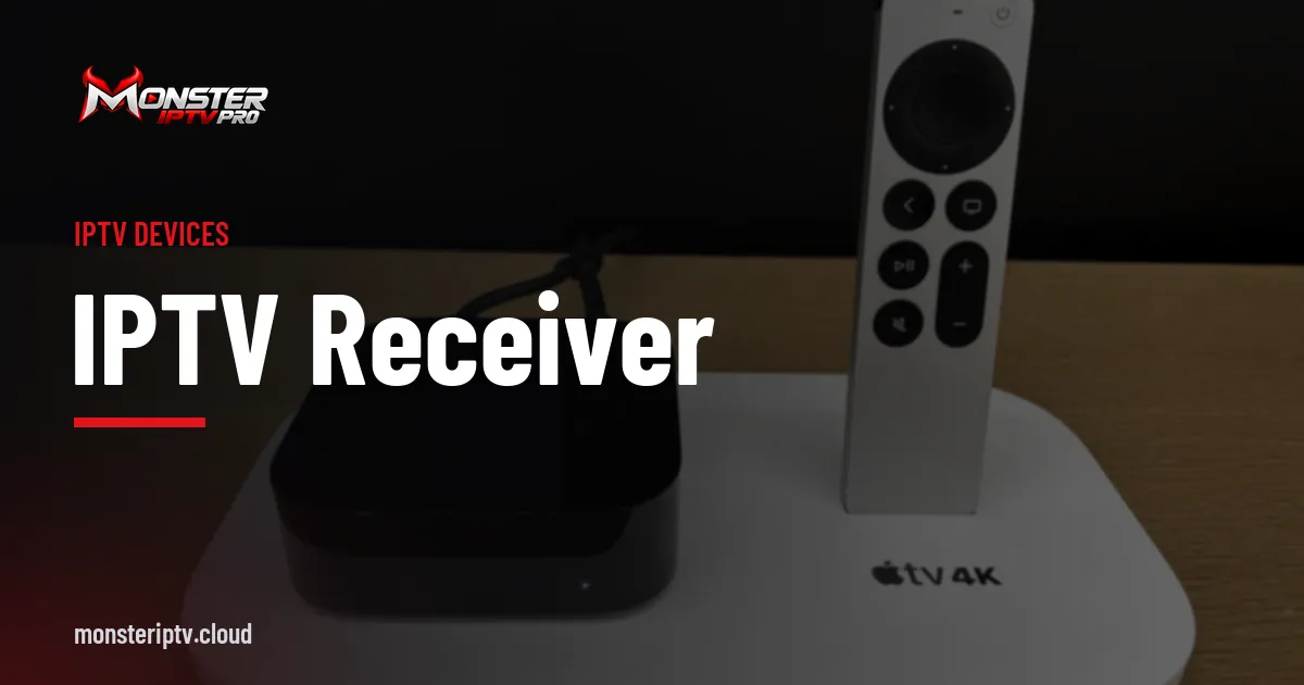 IPTV receiver banner over an Apple TV device and remote