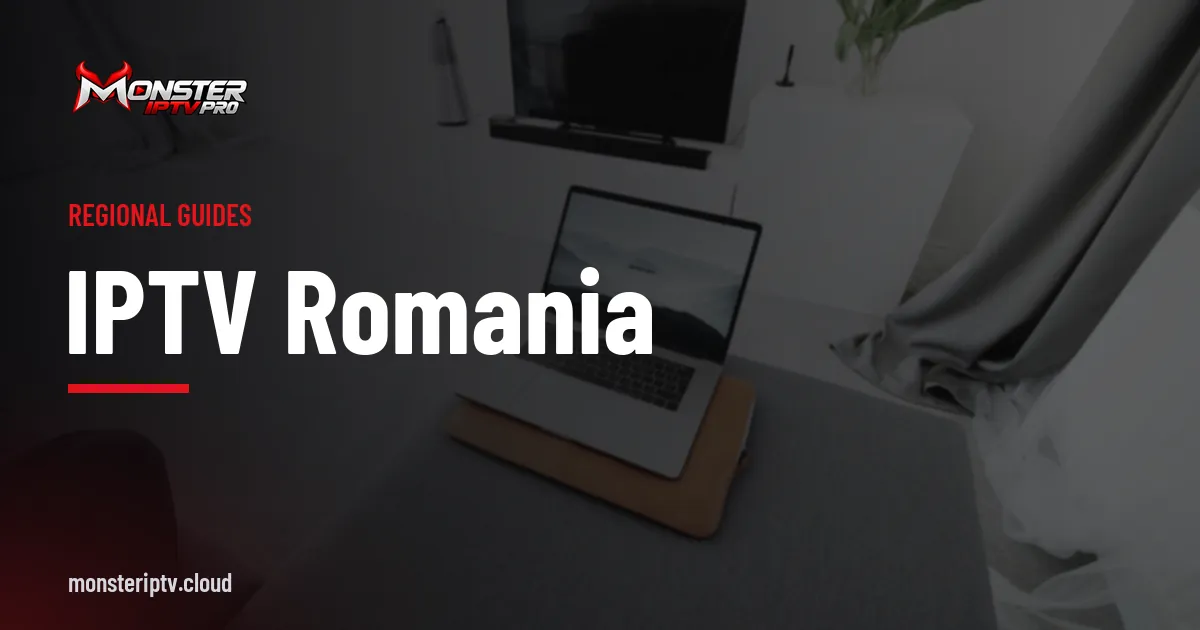 IPTV Romania banner over a living room with a television