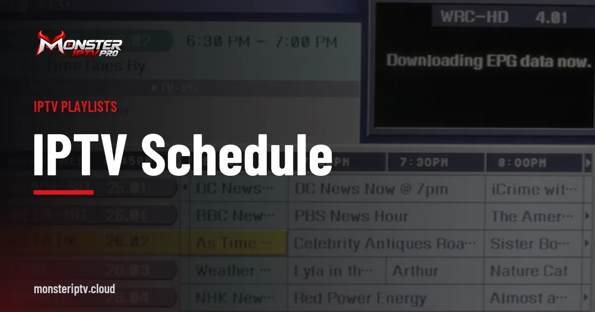 IPTV Schedule banner over an electronic programme guide grid on a TV screen