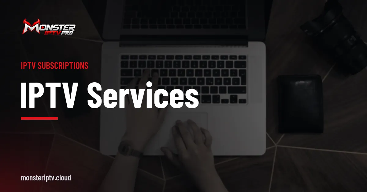 IPTV Services banner over hands typing on a laptop keyboard