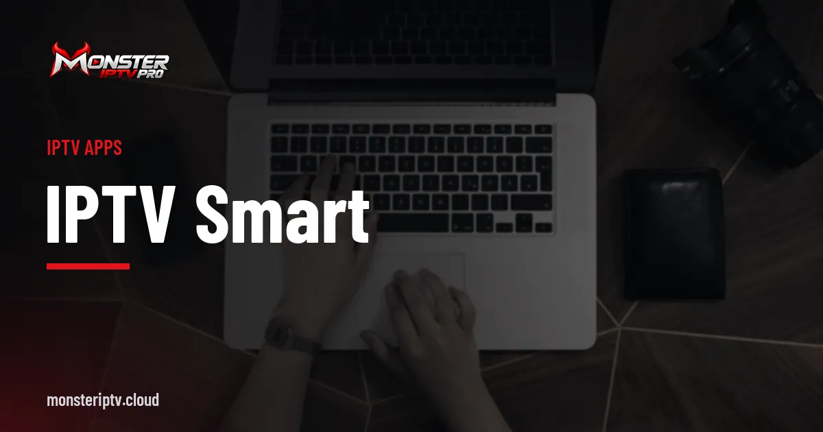 IPTV smart banner over hands typing on a laptop keyboard