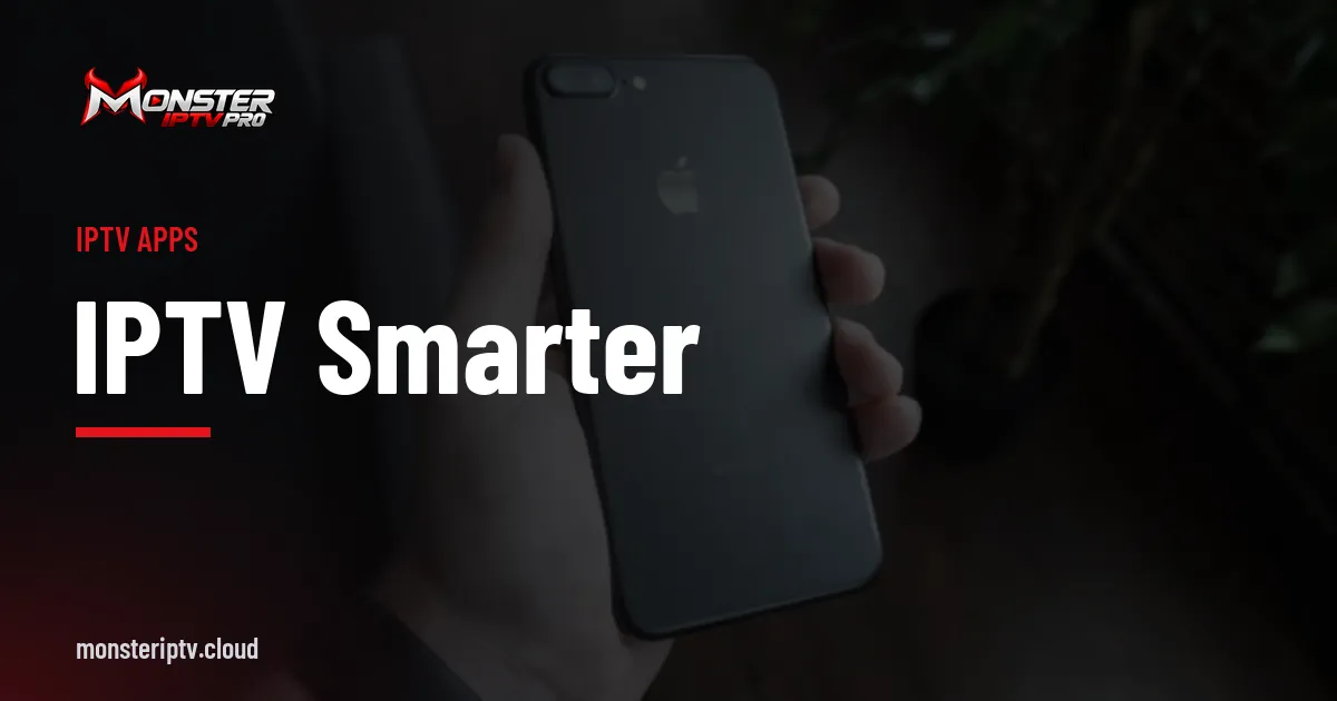 IPTV Smarter banner over a black smartphone on a desk