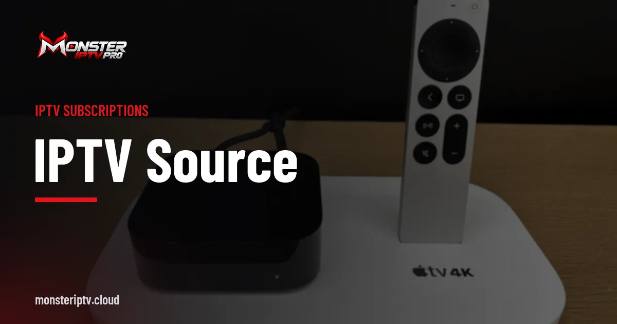 IPTV source banner over an Apple TV device and remote