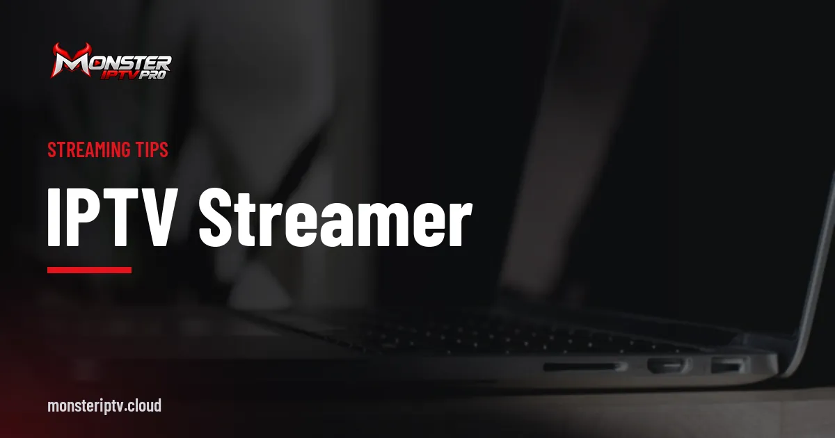 IPTV streamer banner over a MacBook Pro laptop on a desk