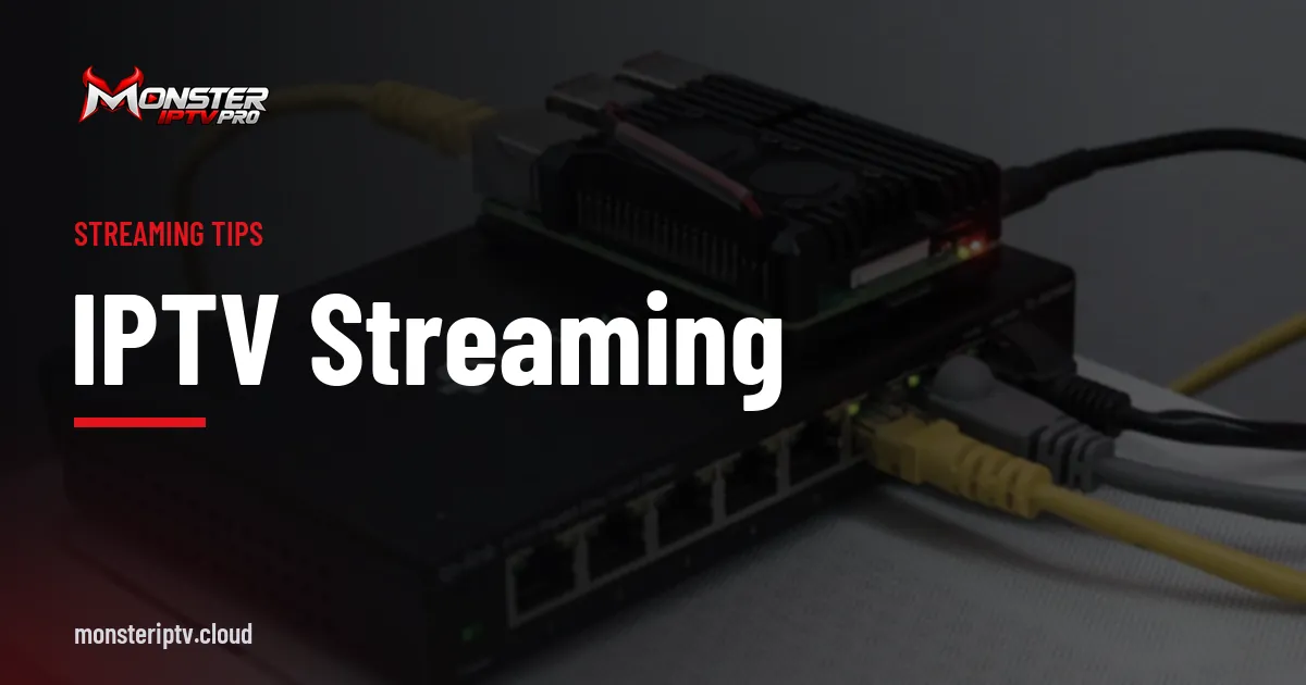 IPTV Streaming banner over a small network switch with yellow Ethernet cables plugged in