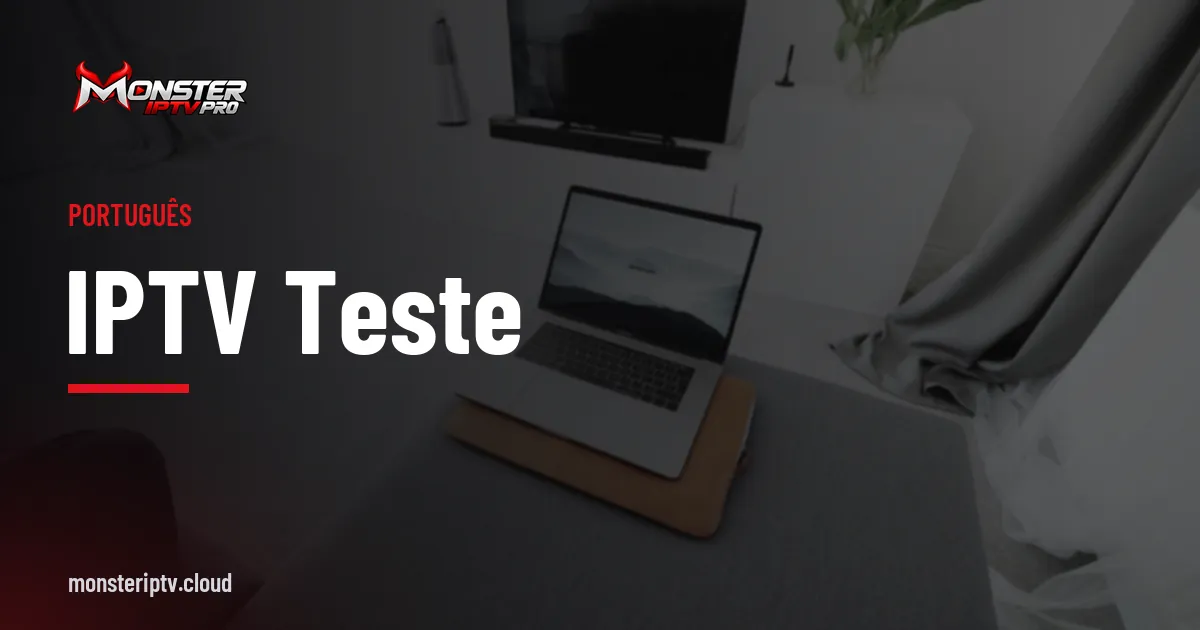 Banner com o texto IPTV teste sobre uma sala de estar com televisão