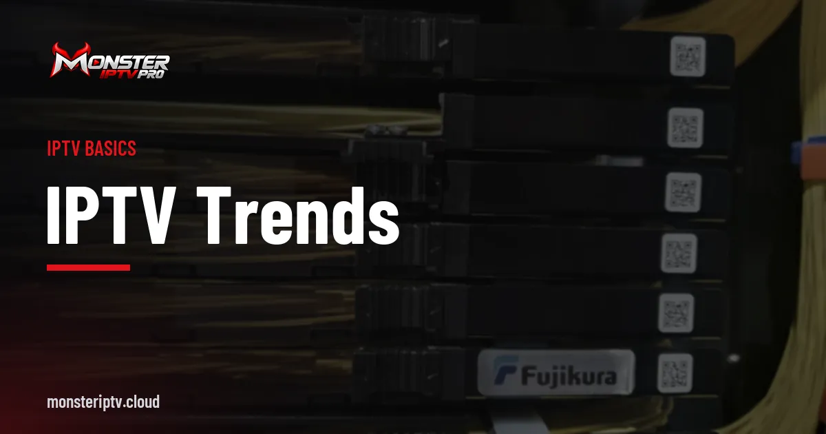 IPTV Trends banner over fibre optic network cables in a data centre