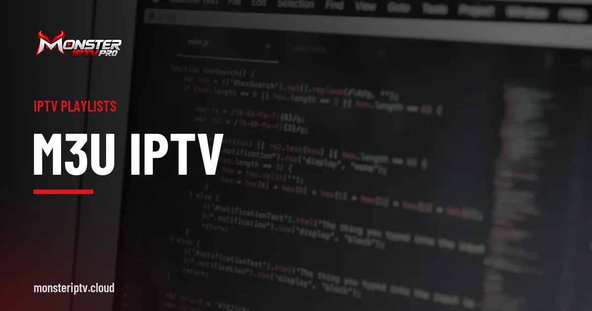 M3U IPTV banner over a laptop screen showing lines of code