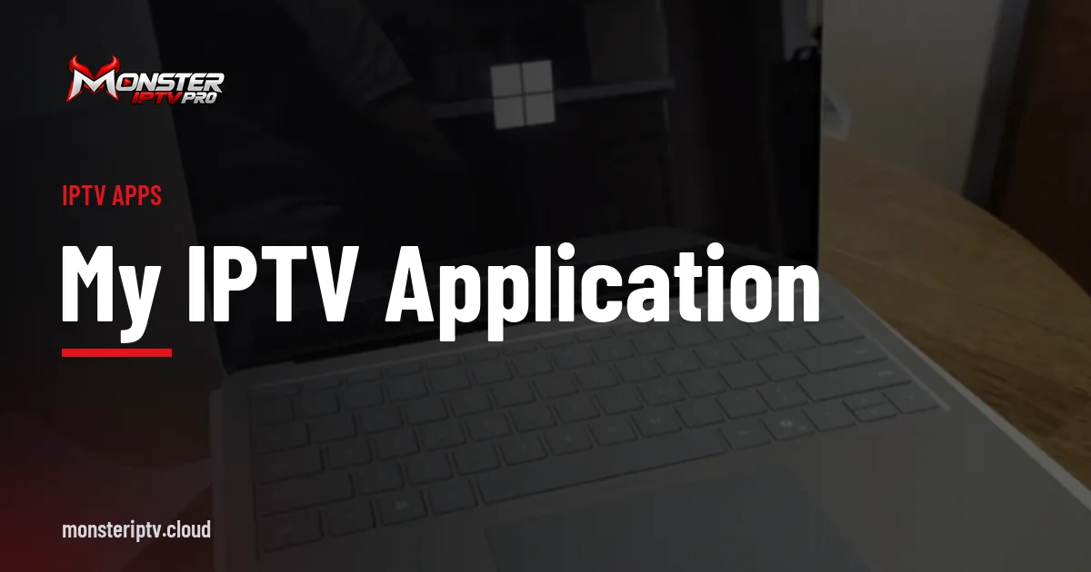 My IPTV application banner over a Surface laptop on a desk