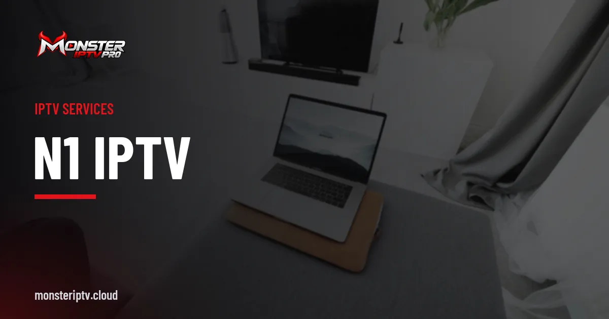 n1 iptv banner over a living room with a television