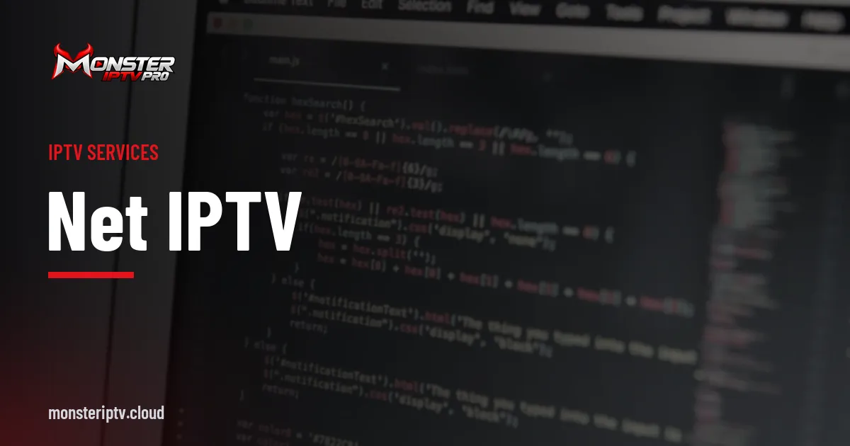 NET IPTV banner over a close-up of code on a laptop screen