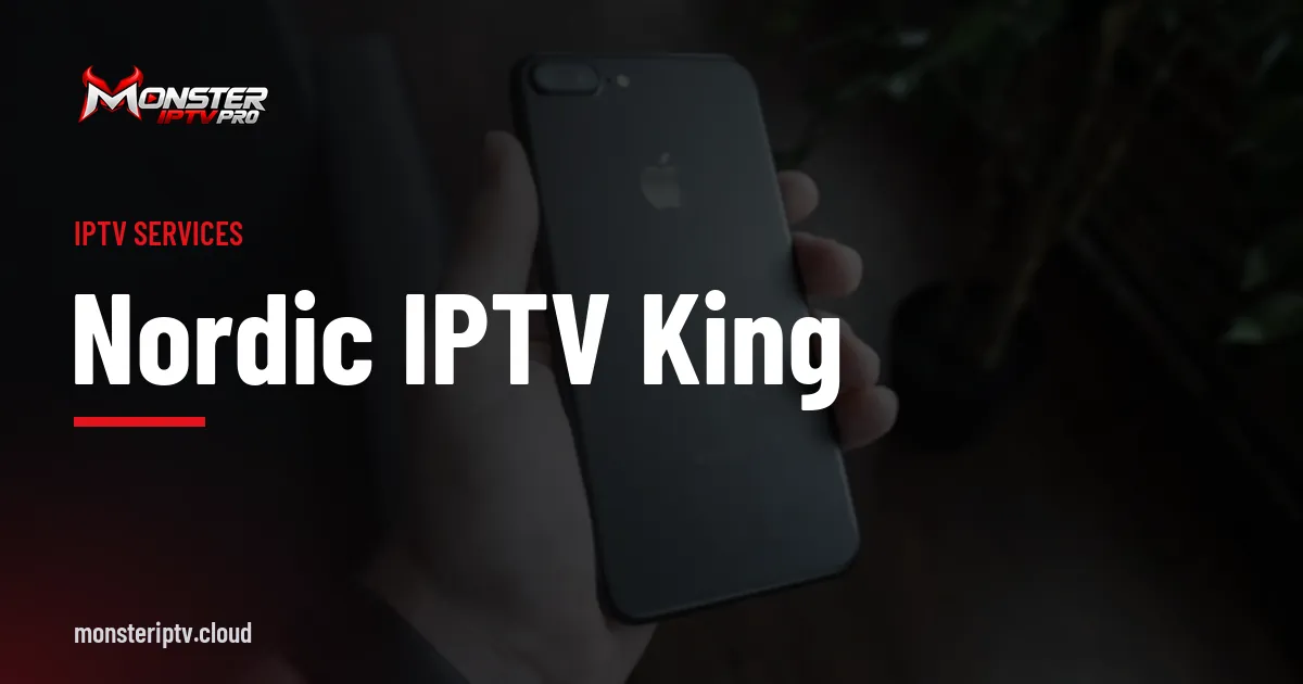 nordic iptv king banner over a black smartphone on a desk